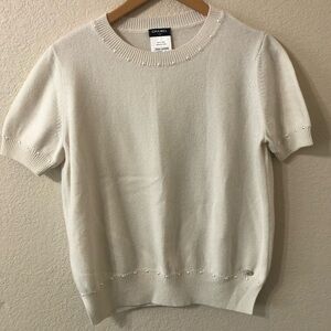 Chanel Authenticated Cream Short Sleeve Cashmere Cotton Pearl Sweater - Size 38
